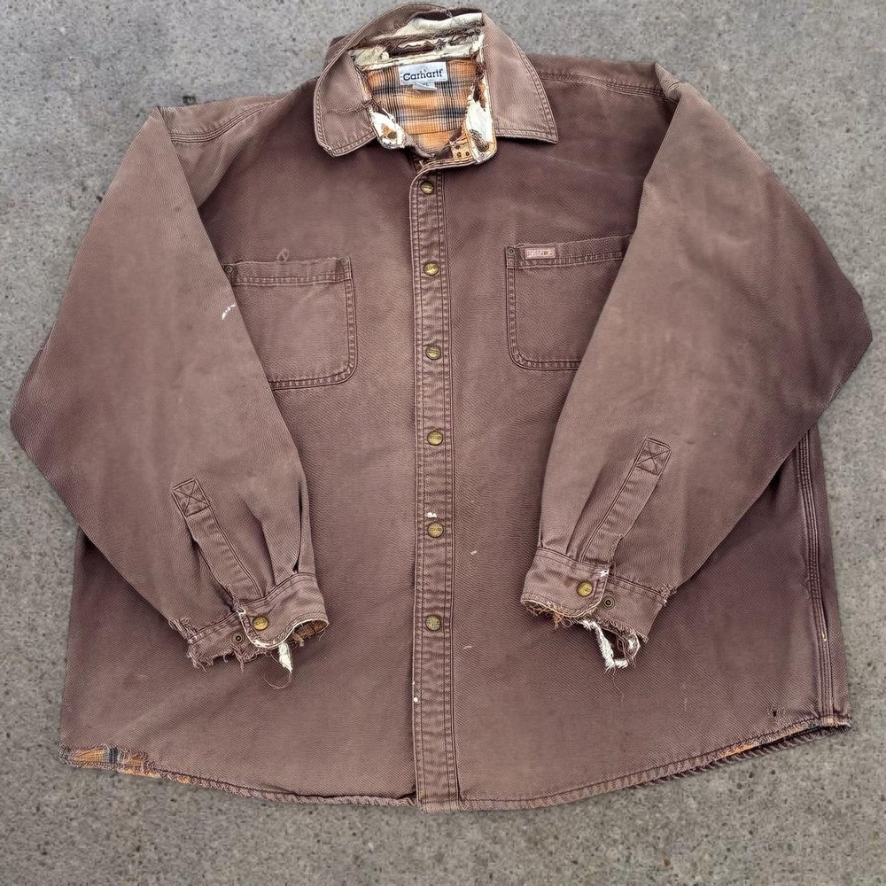 Vintage Carhartt Sandstone Duck Blanket-Lined Twill Shirt Jac S98DKB Thrashed